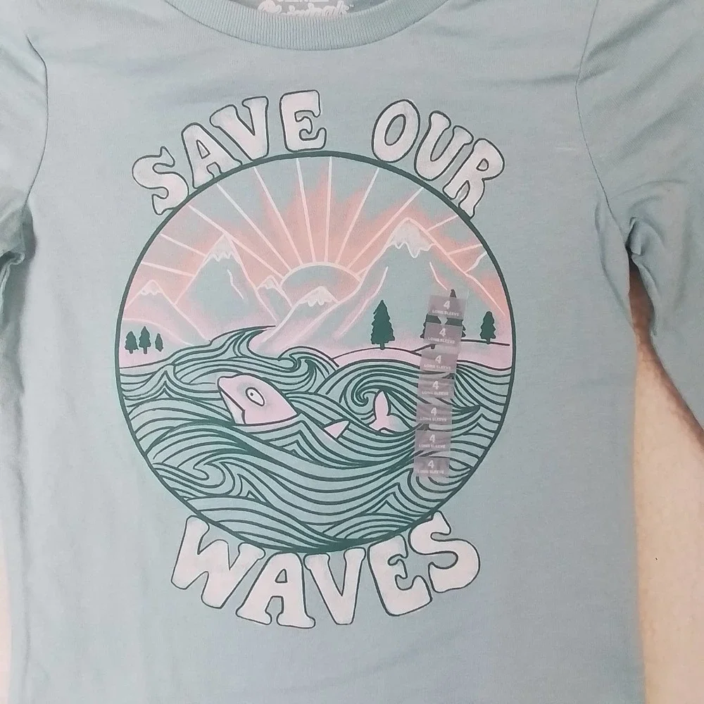OshKosh Long Sleeve Cotton T-Shirt‎ Girl's Size 4 in Green w/ Ocean Graphic